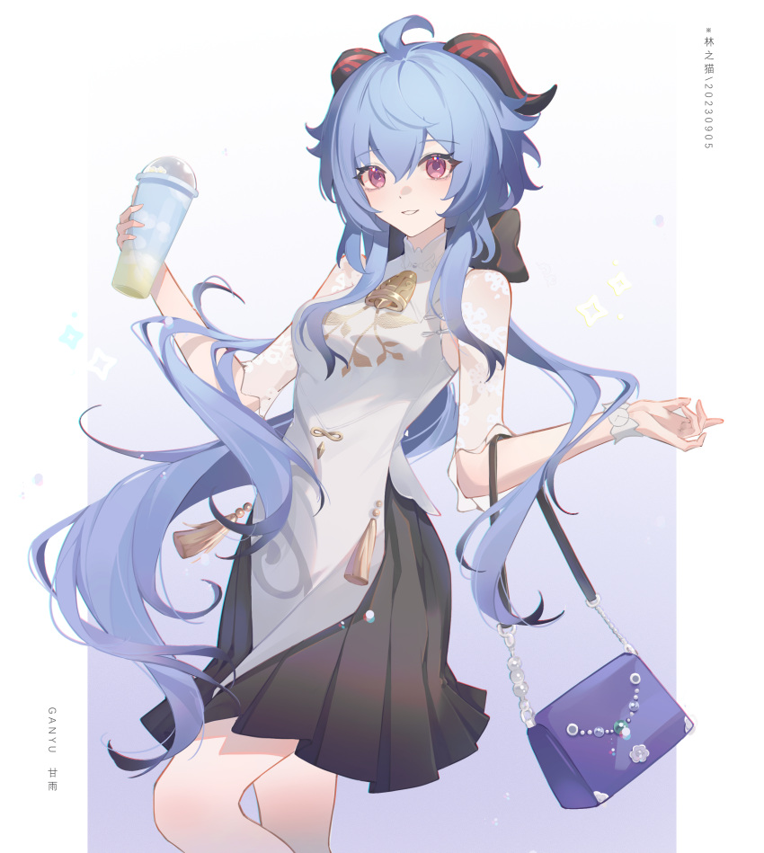 1girl absurdres ahoge bag bell black_skirt blue_hair blush bow breasts cup disposable_cup ganyu_(genshin_impact) ganyu_(heytea)_(genshin_impact) genshin_impact handbag highres holding holding_cup horns lin_zhi_mao long_hair looking_at_viewer low_ponytail medium_breasts neck_bell official_alternate_costume purple_bag purple_eyes see-through see-through_sleeves shirt sidelocks skirt smile solo standing white_wristband