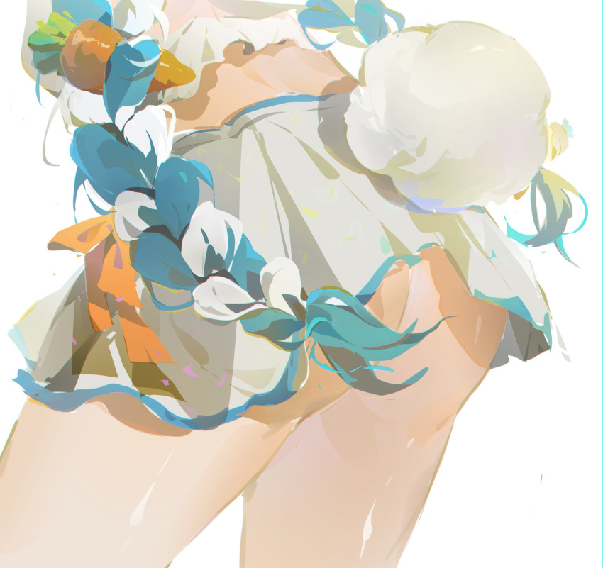 1girl ass ass_focus blue_hair braid carrot carrot_hair_ornament close-up crop_top food-themed_hair_ornament from_behind hair_ornament highres hololive long_hair multicolored_hair no_panties rabbit_girl rabbit_tail ranqi070 shirt simple_background skirt tail thighs twin_braids two-tone_hair usada_pekora very_long_hair virtual_youtuber white_background white_hair white_shirt white_skirt