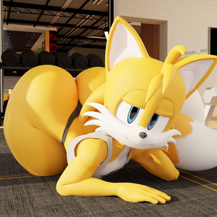 1:1 3d_(artwork) adri164 big_butt bottomwear butt butt_heart canid canine clothing clothing_aside digital_media_(artwork) fox gym gym_bottomwear gym_clothing hi_res looking_at_viewer male mammal miles_prower orange_body sega shorts sonic_the_hedgehog_(series) thick_thighs thong_underwear underwear underwear_aside wide_hips
