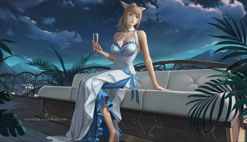 1girl animal_ears artist_name avatar_(ff14) bare_shoulders bracelet breasts cat_ears champagne_flute cleavage cloud cloudy_sky commentary commission couch cup dress drinking_glass english_commentary final_fantasy final_fantasy_xiv glint green_eyes high_heels highres holding holding_cup jewelry long_hair medium_breasts miqo'te mountainous_horizon nibelart night night_sky on_couch outdoors plant ponytail shadow sitting sky smile solo star_(sky) white_dress