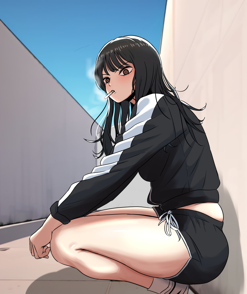 1girl absurdres beautiful_gunbari black_hair black_jacket black_shorts brown_eyes chilong_(heronas) highres im-dana jacket long_hair long_sleeves looking_at_viewer midriff outdoors short_shorts shorts smoking socks squatting white_socks