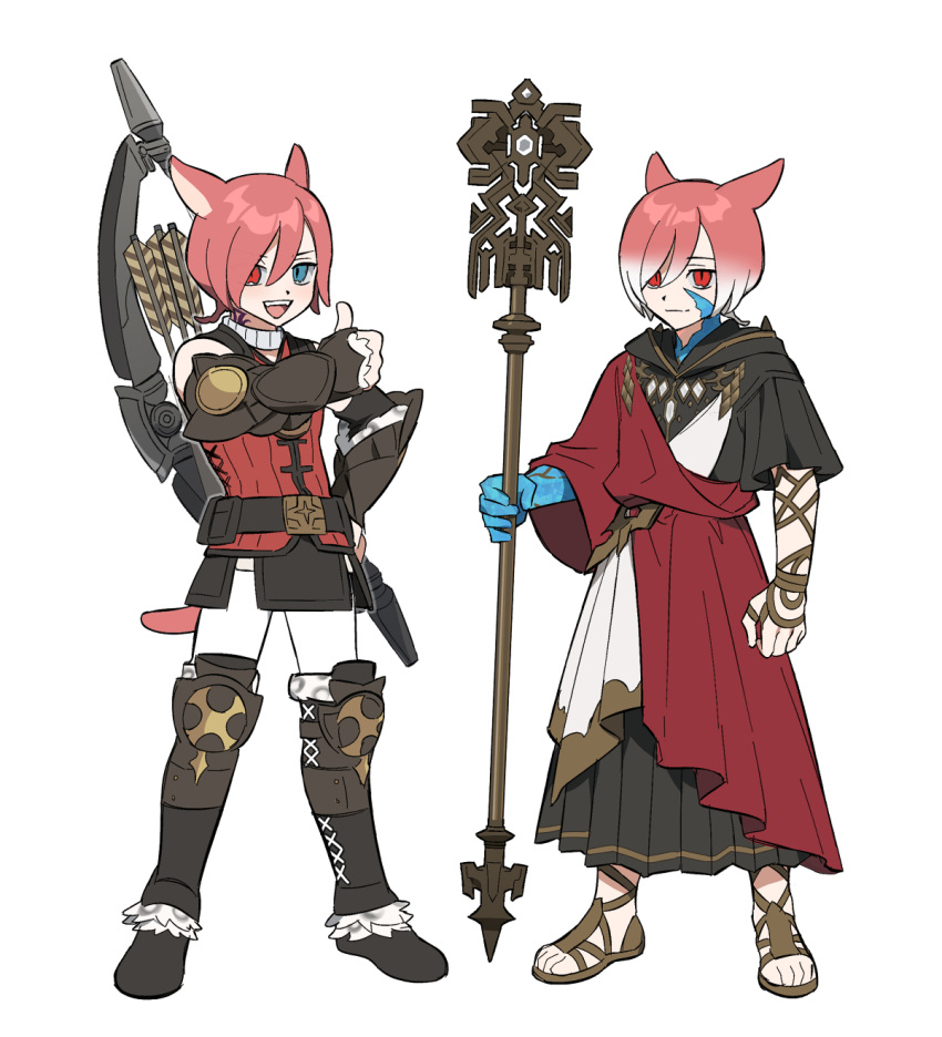 2boys :d animal_ears arm_at_side belt black_footwear black_robe blue_eyes blue_skin boots bow_(weapon) brown_footwear brown_gloves cat_boy cat_ears cat_tail chinese_commentary collar colored_skin commentary_request crystal_exarch crystallization dual_persona final_fantasy final_fantasy_xiv fingerless_gloves full_body fur-trimmed_footwear g'raha_tia gloves gradient_hair hair_between_eyes hand_on_own_hip heterochromia highres holding holding_staff hood hood_down hooded_robe jacket knee_boots knee_pads legs_apart looking_at_viewer low_ponytail male_focus miqo'te multicolored_hair multicolored_skin multiple_boys neck_tattoo open_mouth pants quiver red_eyes red_jacket robe sandals short_ponytail simple_background sleeveless sleeveless_jacket slit_pupils smile staff standing swept_bangs tail tattoo thumbs_up toga two-tone_hair two-tone_skin vambraces weapon weapon_on_back white_background white_collar white_hair white_pants wuliu_heihuo