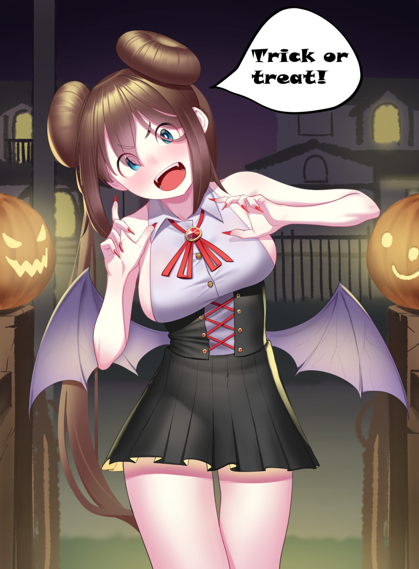 1girl absurdres alternate_costume bare_shoulders blue_eyes breasts brown_hair collared_shirt corset demon_wings double_bun doughnut_hair_bun english_commentary english_text fangs feet_out_of_frame fingernails grey_shirt grey_wings hair_bun halloween halloween_costume hands_up head_tilt highres jack-o'-lantern korean_commentary large_breasts long_hair looking_at_viewer low_wings matdoljangin miniskirt mixed-language_commentary neck_ribbon open_mouth outdoors pleated_skirt pokemon pokemon_(game) pokemon_bw2 red_nails red_ribbon ribbon rosa_(pokemon) sharp_fingernails shirt short_eyebrows sideboob skirt sleeveless sleeveless_shirt solo speech_bubble standing thighs trick_or_treat twintails underbust v-shaped_eyebrows very_long_hair wings