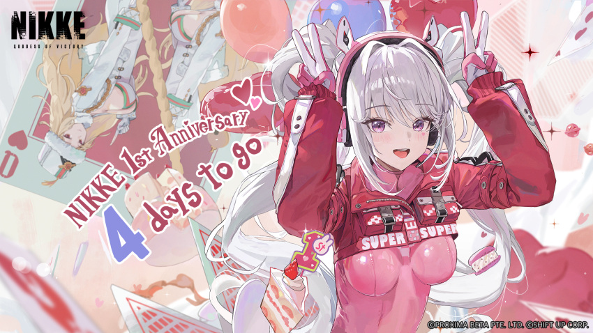 2girls alice_(nikke) anniversary balloon blonde_hair blush bodysuit breasts cake cake_slice card cleavage coat countdown double_v food gloves goddess_of_victory:_nikke hat headphones highres large_breasts long_hair long_sleeves looking_at_another looking_at_viewer ludmilla_(nikke) macaron medium_breasts multiple_girls official_art open_mouth pink_bodysuit pink_eyes playing_card second-party_source serie_niai sidelocks smile teeth twintails upper_teeth_only v white_coat white_gloves white_hair