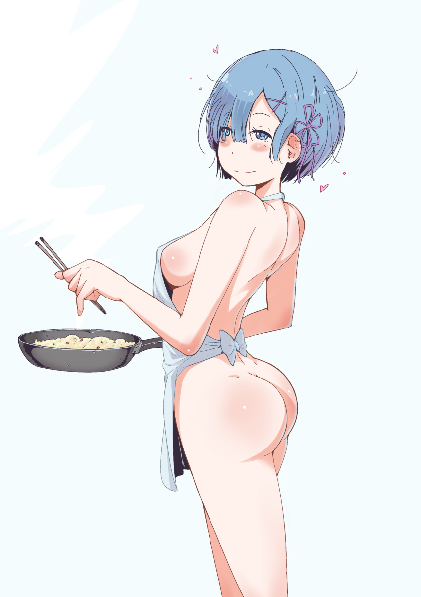 1girl absurdres apron ass blue_eyes blue_hair blush breasts chopsticks cooking cowboy_shot food fried_rice from_side frying_pan hair_ornament hair_over_one_eye half-closed_eyes hand_up highres holding holding_chopsticks holding_frying_pan large_breasts looking_at_viewer naked_apron pink_ribbon re:zero_kara_hajimeru_isekai_seikatsu rem_(re:zero) ribbon short_hair sideboob simple_background smile solo standing thighs vinegarjar white_apron white_background x_hair_ornament