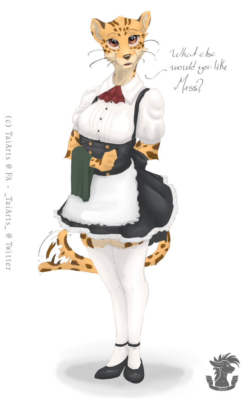 2021 absurd_res anthro beastars bottomwear cheetah clothing colored digital_media_(artwork) felid feline female footwear fur hi_res high_heels legwear maid_uniform mammal miniskirt sheila_(beastars) simple_background skirt solo spots spotted_body spotted_fur taiarts tail tail_motion thigh_highs uniform white_background yellow_body yellow_fur