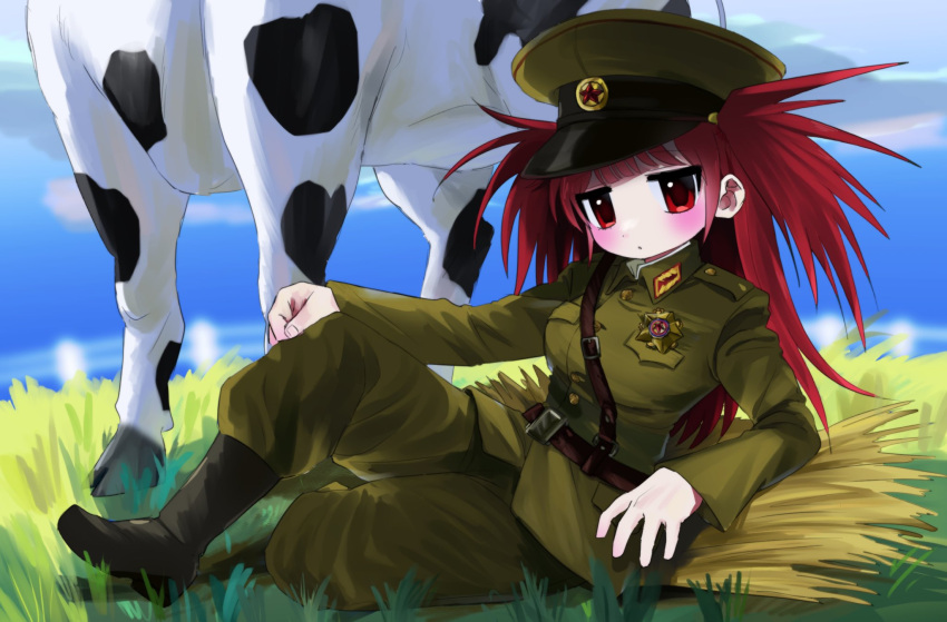 100_(hundredwell) 1girl :o animal belt blue_sky blush boots breasts brown_belt buttons cloud cow day fence full_body grass green_headwear green_jacket green_pants grey_footwear hat highres jacket long_hair long_sleeves looking_at_viewer medium_breasts military military_uniform open_mouth original pants peaked_cap picket_fence red_eyes red_hair red_star shadow sky solo star_(symbol) strap two_side_up uniform wheat wooden_fence