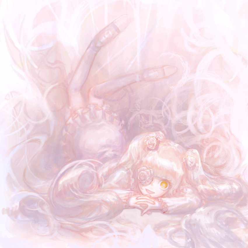 1girl blonde_hair blunt_bangs bright_pupils commentary_request flower flower_over_eye frilled_shirt frilled_skirt frills fujikaba full_body hair_flower hair_ornament interlocked_fingers kirakishou lolita_fashion long_hair looking_at_viewer lying medium_bangs on_stomach open_mouth own_hands_together rose rozen_maiden scorpion_pose shirt shoes skirt smile solo two_side_up very_long_hair wavy_hair white_flower white_footwear white_pupils white_rose white_shirt white_skirt white_theme yellow_eyes
