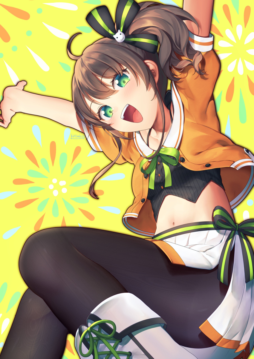 1girl :d ahoge arms_up black_camisole black_ribbon blush boots breasts brown_hair camisole cat_hair_ornament collarbone commentary_request crop_top green_eyes green_ribbon hair_between_eyes hair_ornament hair_ribbon halterneck highres hololive jacket kirisaki_shuusei long_hair looking_at_viewer midriff miniskirt natsuiro_matsuri navel neck_ribbon open_mouth orange_jacket pantyhose pinstripe_camisole pinstripe_pattern pleated_skirt ribbon short_sleeves side_ponytail side_slit sidelocks skirt small_breasts smile solo spaghetti_strap striped teeth upper_teeth_only virtual_youtuber white_footwear white_skirt yellow_background