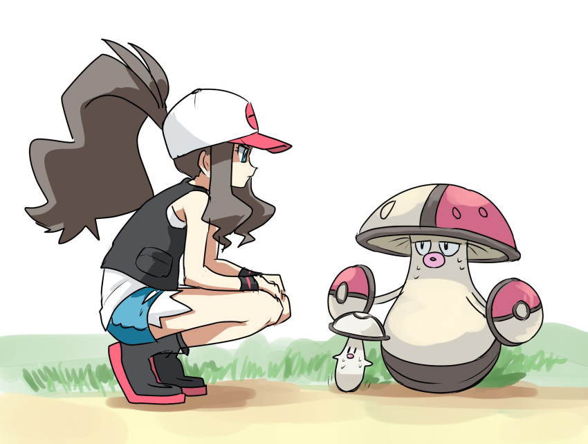 1girl amoonguss asamaru1225 baseball_cap black_footwear black_vest black_wristband boots brown_hair closed_mouth evolutionary_line eyelashes foongus frown grass green_eyes hat high_ponytail highres hilda_(pokemon) long_hair pokemon pokemon_(creature) pokemon_(game) pokemon_bw shirt short_shorts shorts sidelocks squatting vest white_background white_headwear white_shirt