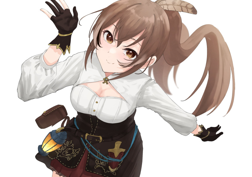 1girl ahoge belt brown_capelet brown_cloak brown_corset brown_eyes brown_hair capelet cleavage_cutout cloak clothing_cutout corset crossed_bangs dagger feather_hair_ornament feathers from_above gloves hair_ornament highres hololive hololive_english knife lantern long_hair looking_at_viewer multicolored_hair nanashi_mumei nanashi_mumei_(1st_costume) partially_fingerless_gloves pleated_skirt ponytail pouch red_skirt shirt shitsunon skirt smile streaked_hair very_long_hair virtual_youtuber waving weapon white_shirt
