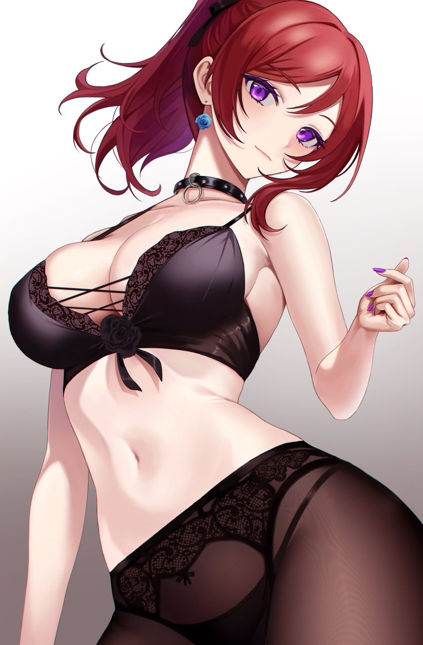 1girl absurdres alternate_breast_size alternate_hairstyle black_choker black_pantyhose blunt_bangs breasts choker cleavage closed_mouth contrapposto cowboy_shot earrings flower_earrings highres horai_sennkyo jewelry lace-trimmed_legwear lace_trim large_breasts looking_at_viewer love_live! love_live!_school_idol_project medium_hair nail_polish narrow_waist navel nishikino_maki panties panties_under_pantyhose pantyhose purple_eyes purple_nails red_hair solo stomach underwear