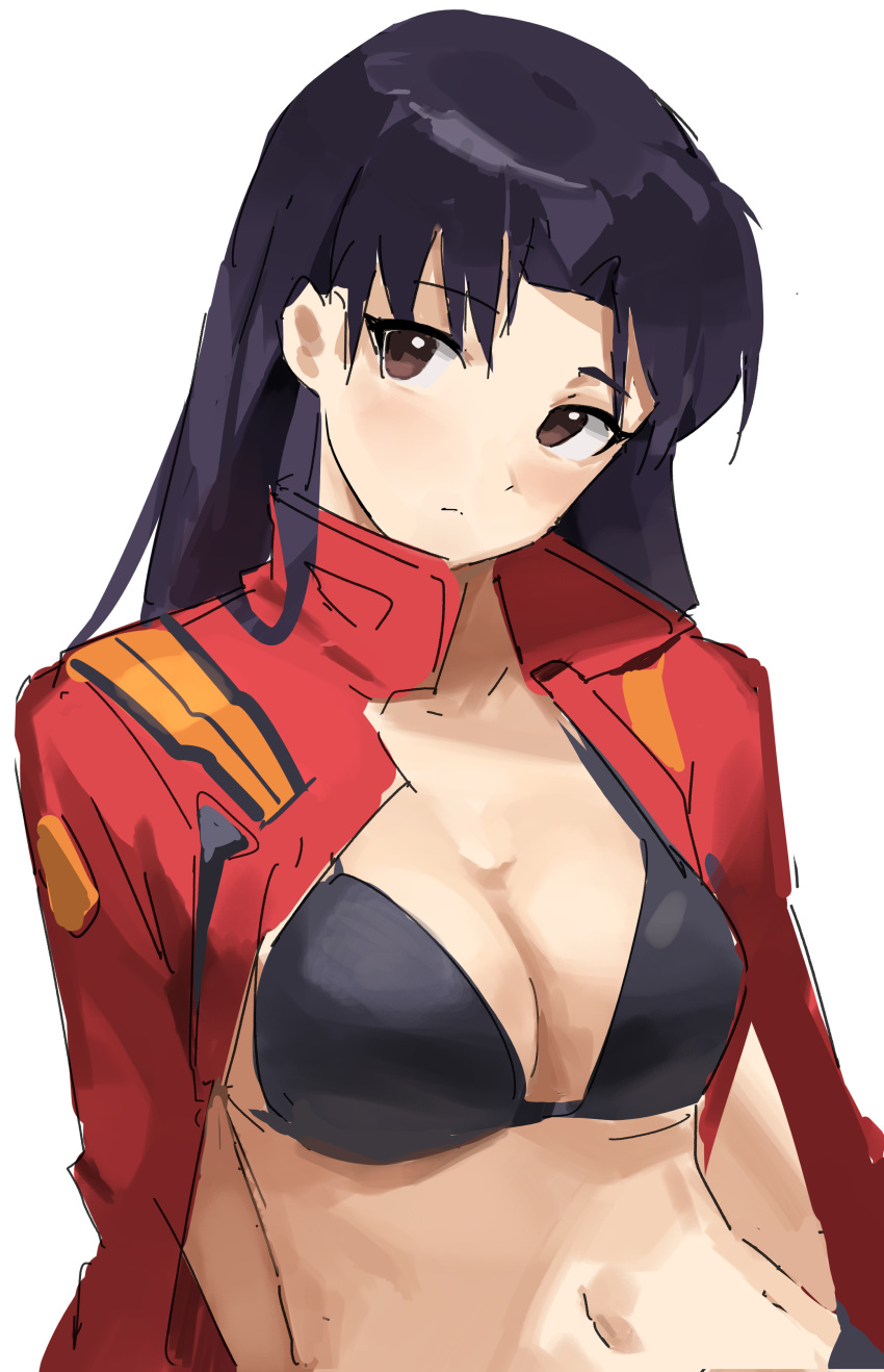 1girl absurdres blush breasts brown_eyes cleavage highres jacket katsuragi_misato long_hair looking_at_viewer medium_breasts navel neon_genesis_evangelion purple_hair red_jacket t-lex