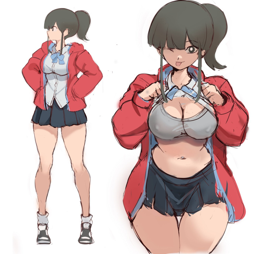 1girl ;p blue_bow blue_bowtie bow bowtie bra breasts cleavage clothes_lift girlfriend_(yoru_mac) highres jacket large_breasts lifted_by_self looking_at_viewer mcdonald's multiple_views navel one_eye_closed ponytail rakeemspoon red_jacket shirt_lift shoes skirt solo thighs tongue tongue_out underwear yoru_mac