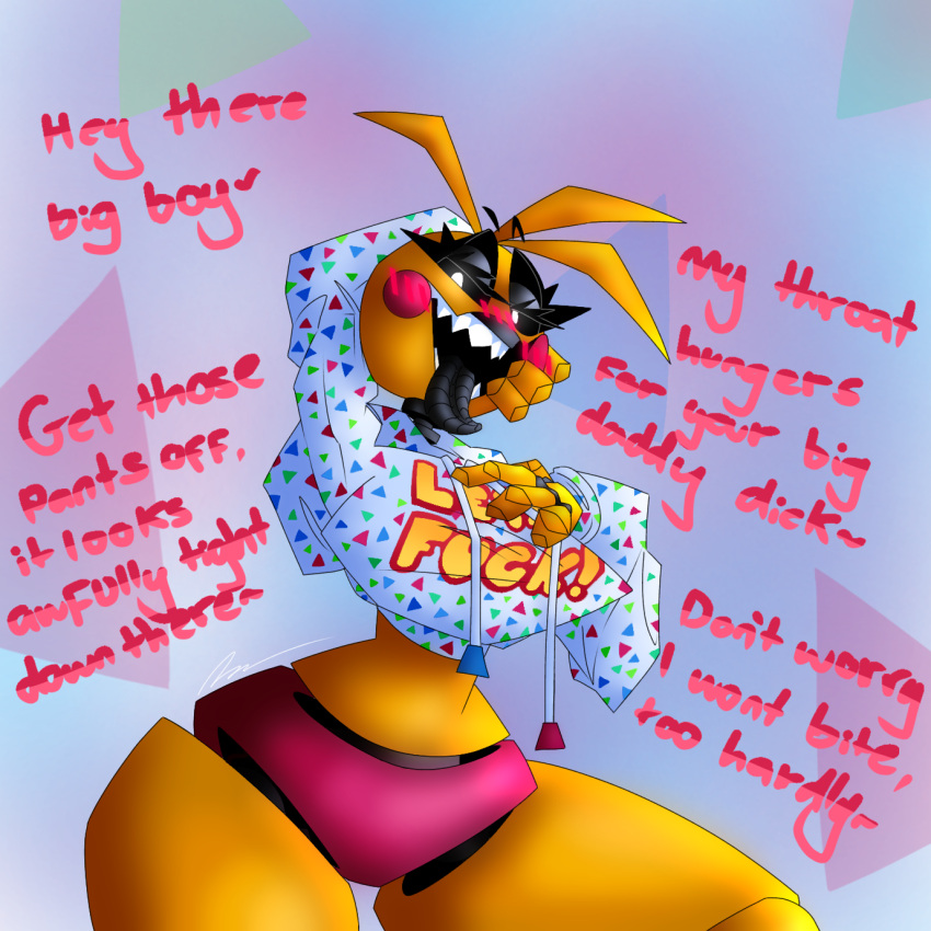 animatronic avian big_breasts bird blush breasts chicken clothing female five_nights_at_freddy's five_nights_at_freddy's_2 galliform gallus_(genus) hi_res hoodie humanoid larger_female machine passiona_roo phasianid robot scottgames sharp_teeth size_difference solo teeth thick_thighs tongue tongue_out topwear toy_chica_(fnaf) wide_hips