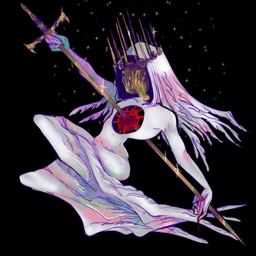 angel black_background blood blood_on_hands colored_skin covering_face crown greatsword heart highres holding holding_sword holding_weapon injury light_particles maybelsart monster_girl multiple_wings original piercing seraph shine sword weapon white_skin wing-shaped_hair wings