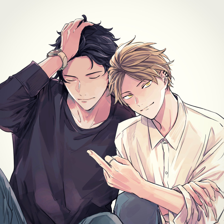 2boys black_hair black_sweater blonde_hair closed_eyes closed_mouth collared_shirt given hand_in_own_hair highres kashima_hiiragi_(given) kizu_natsuki light_smile male_focus middle_finger multiple_boys shirt short_hair simple_background sweater watch white_background wristwatch yagi_shizusumi_(given) yellow_eyes