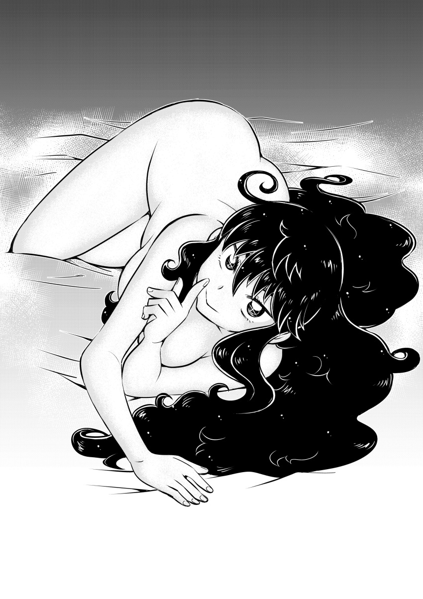 1girl absurdres bed_sheet completely_nude convenient_censoring curly_hair dithering finger_to_mouth highres kondou_rururu long_hair looking_at_viewer lying monochrome nude on_bed on_side original solo