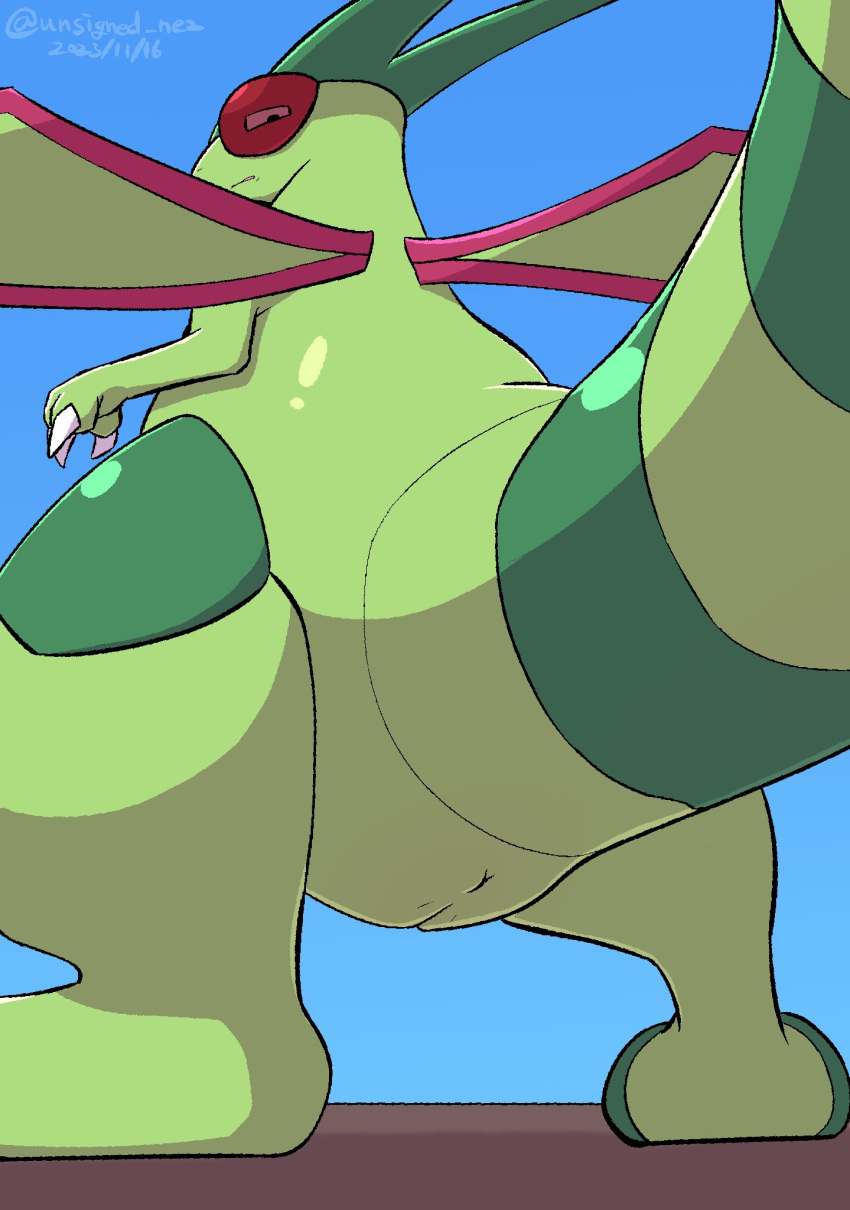 2023 3_claws anus butt butt_focus claws digital_media_(artwork) disgust feet female feral flygon generation_3_pokemon genitals glistening glistening_body green_body green_pussy hi_res looking_at_viewer looking_back looking_back_at_viewer low-angle_view membrane_(anatomy) membranous_wings multicolored_body nintendo nude pokemon pokemon_(species) pussy raised_tail rear_view simple_background solo standing tail thick_thighs two_tone_body unimpressed unsigned_nez wings worm's-eye_view