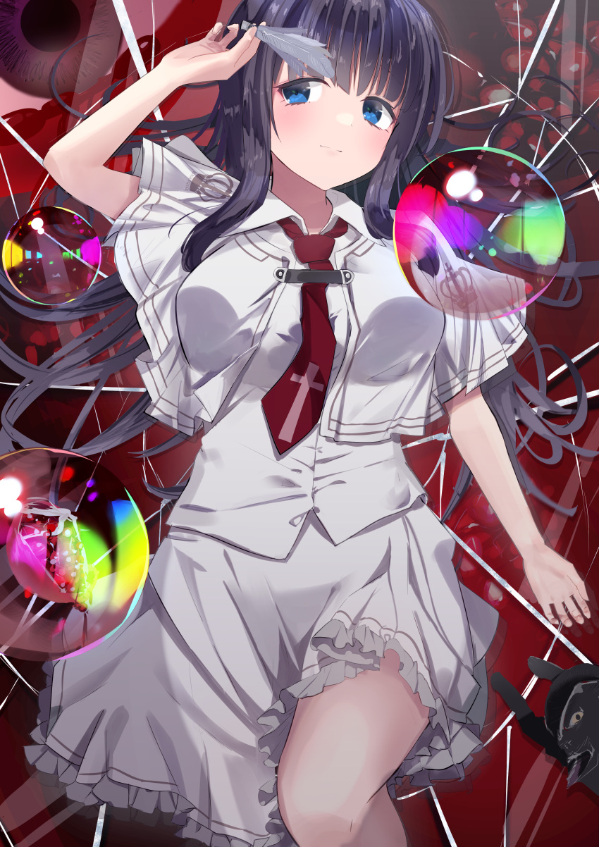 1girl absurdres arm_at_side arm_up black_hair blood blunt_bangs blush breasts broken_glass capelet closed_mouth commentary cowboy_shot cross_print crown_print eyeball eyelashes feathers frilled_skirt frills glass hair_spread_out highres holding holding_feather knee_up light_smile long_hair looking_to_the_side lying medium_breasts miniskirt nanashita_shiki necktie on_back red_background red_necktie school_uniform shirt sidelocks skirt solo subarashiki_hibi takashima_zakuro very_long_hair white_capelet white_feathers white_shirt white_skirt