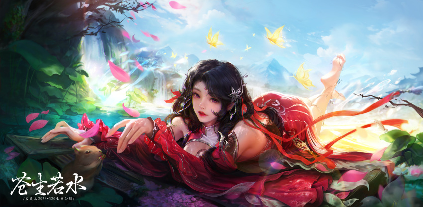 1girl absurdres bare_legs bare_shoulders barefoot blue_sky bug butterfly closed_mouth cloud detached_sleeves dress dy_yao_manman_huahua_tiantian_xiangshang facial_mark falling_petals forehead_mark glowing_butterfly hair_ornament highres huo_linger_(wanmei_shijie) jewelry long_hair lying mountain on_stomach petals purple_eyes red_dress second-party_source sky solo squirrel wanmei_shijie water waterfall