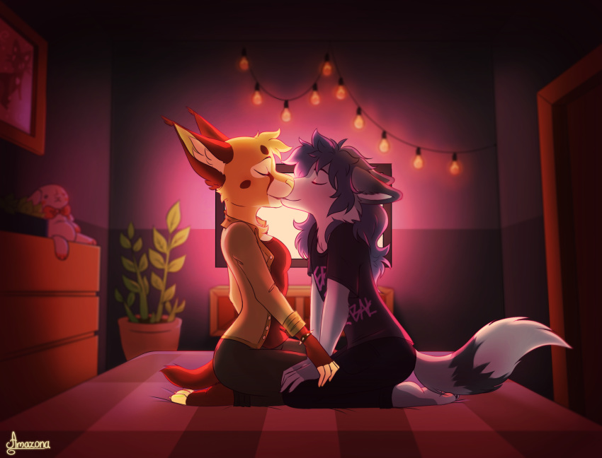 absurd_res amazona anthro bedroom canid canine canis caracal caracal_(genus) duo felid feline female hand_holding hi_res kiss_on_lips kissing kneeling male male/female mammal smile wolf