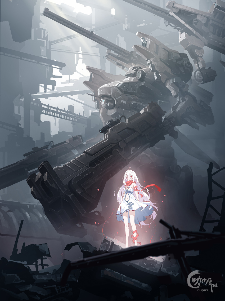 1girl 621_(armored_core_6) absurdres ahoge armored_core armored_core_6 ayre_(armored_core_6) bare_shoulders breasts chigalidepoi chinese_commentary cleavage clothing_cutout commentary dress glowing gun highres industrial long_hair mecha navel_cutout red_eyes red_scarf robot scarf science_fiction short_dress shotgun shoulder_cannon signature standing strapless strapless_dress string string_of_fate weapon white_dress white_hair