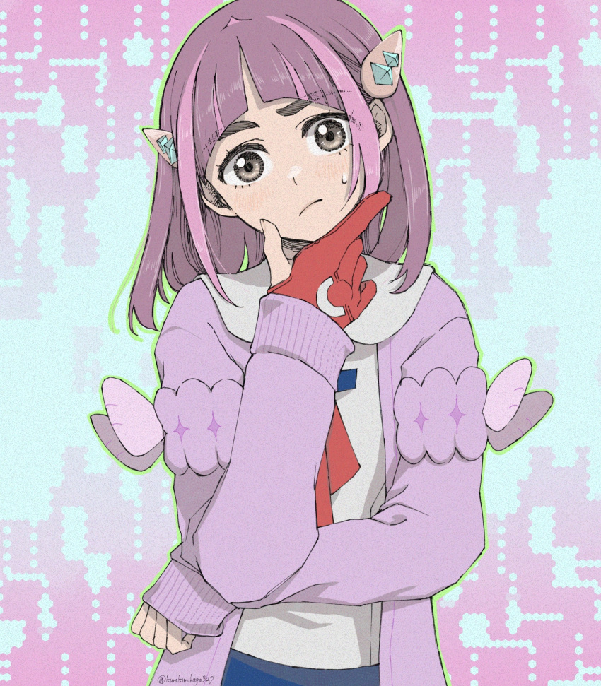 1girl arched_bangs brown_eyes cardigan closed_mouth collared_shirt commentary_request eyelashes gloves hair_ornament hairclip hand_on_own_chin head_tilt highres kurakimikage327 lacey_(pokemon) long_hair looking_at_viewer partially_fingerless_gloves pokemon pokemon_sv purple_cardigan purple_hair red_gloves shirt single_glove solo stroking_own_chin sweatdrop