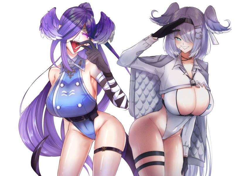 1girl 2girls absurdres asymmetrical_arms bandaged_arm bandages black_gloves blue_eyes blue_hair blush breasts cleavage_cutout clothing_cutout covered_navel dragon_girl dragon_tail elira_pendora elira_pendora_(4th_costume) gloves hair_ornament hair_over_one_eye hairband hairclip head_wings highleg highleg_leotard highres large_breasts leotard long_hair looking_at_viewer mamaprofennn multiple_girls nijisanji nijisanji_en official_alternate_costume ponytail purple_eyes purple_hair purple_wings salute selen_tatsuki selen_tatsuki_(2nd_costume) shiny_skin siblings simple_background smile standing tail tongue tongue_out virtual_youtuber white_background wings