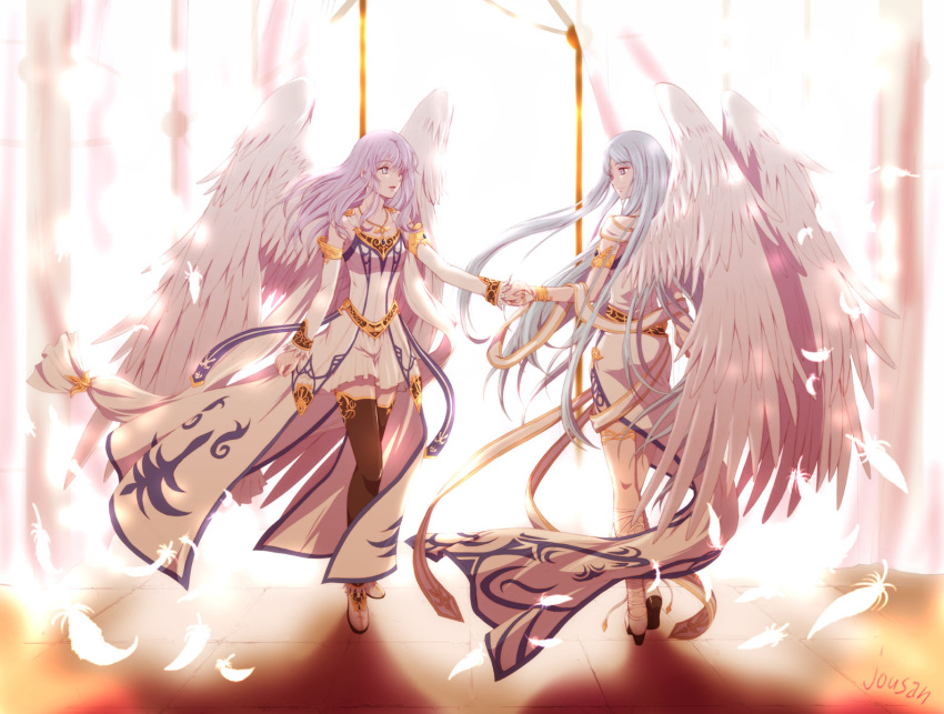 2girls ancient_ys_vanished angel_wings blue_hair bob_cut boots breasts detached_sleeves dress falling_feathers feathers feena_(ys) full_body hair_between_eyes high_heel_boots high_heels highres hug light_blue_hair long_hair multiple_girls parted_bangs purple_eyes reah_(ys) scarf siblings sidelocks signature sisters small_breasts thighhighs twins white_dress wings xiacheng_tatsuya ys ys_origin