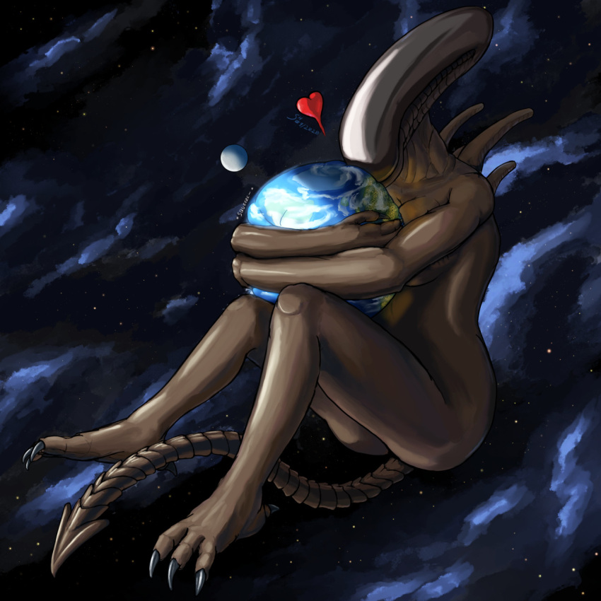 &lt;3 1:1 2020 3_toes 5_fingers alien alien_(franchise) alien_humanoid black_body breasts city_lights clawed_fingers claws cloud detailed_background digital_drawing_(artwork) digital_media_(artwork) dorsal_tubes earth embrace english_text extreme_size_difference eyeless feet female fingers friendly gentle_giant giga hi_res hug hugging_planet humanoid light lighting love macro micro moon nebula not_furry nuzzling sea shaded shadowhide sharp_tail signature size_difference smile smooth_skin solo space spacescape star sunlight tail terra_macro text toe_claws toes water wholesome x_(shadowhide) xenomorph