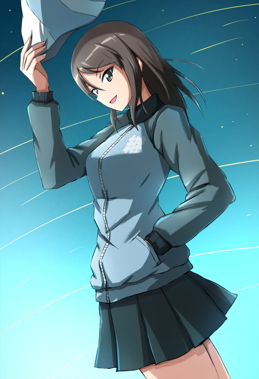 1girl blue_headwear breasts brown_eyes brown_hair commentary_request emblem girls_und_panzer hat hat_tip highres jacket keizoku_(emblem) keizoku_military_uniform keizoku_school_uniform long_hair long_sleeves looking_at_viewer looking_to_the_side mika_(girls_und_panzer) military_uniform no_headwear omachi_(slabco) open_mouth pleated_skirt raglan_sleeves school_uniform skirt smile solo standing track_jacket tulip_hat uniform