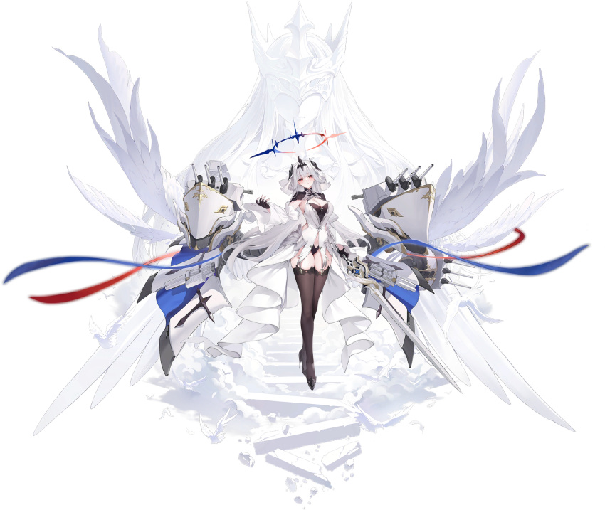 1girl angel angel_wings artist_request aura azur_lane black_footwear black_gloves black_panties black_thighhighs breasts cannon center_opening cleavage clothing_cutout cloud detached_sleeves dress feathered_wings feathers floating full_body garter_straps gloves hair_ornament halo headgear high_heels highres holding holding_sword holding_weapon large_breasts large_wings long_hair long_sleeves machinery marseillaise_(azur_lane) multiple_wings official_art panties red_eyes rigging showgirl_skirt solo standing stiletto_heels sword thighhighs turret underwear very_long_hair weapon white_dress white_hair white_wings wide_sleeves wings