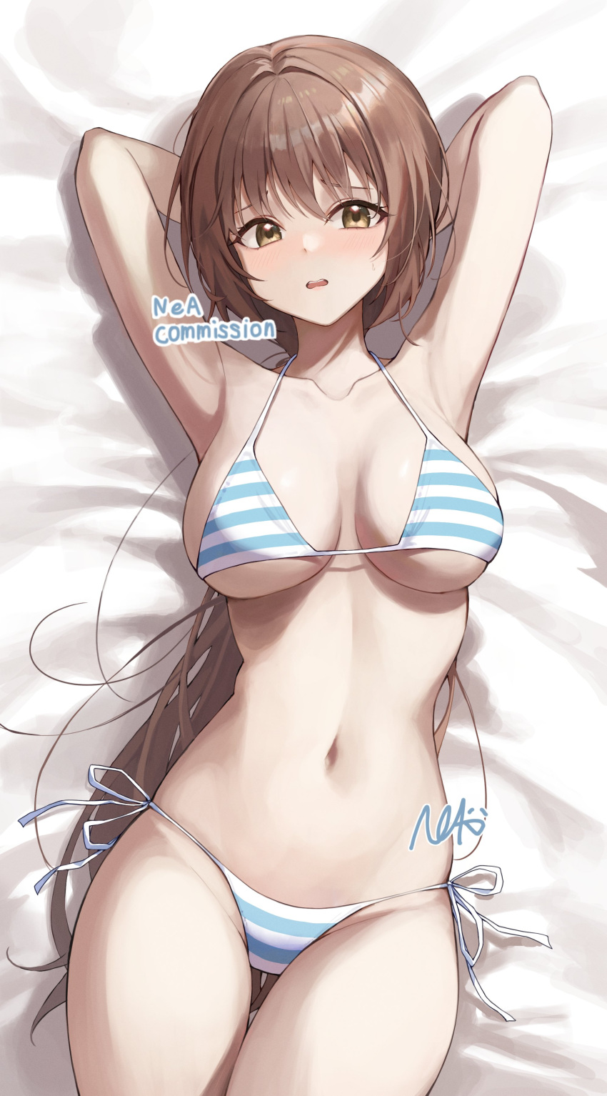 1girl absurdres armpits arms_behind_head arms_up bed_sheet bikini blush breasts brown_eyes cleavage commission highres large_breasts light_brown_hair long_hair looking_at_viewer lying navel on_back original parted_lips side-tie_bikini_bottom signature solo striped striped_bikini swimsuit yeorem