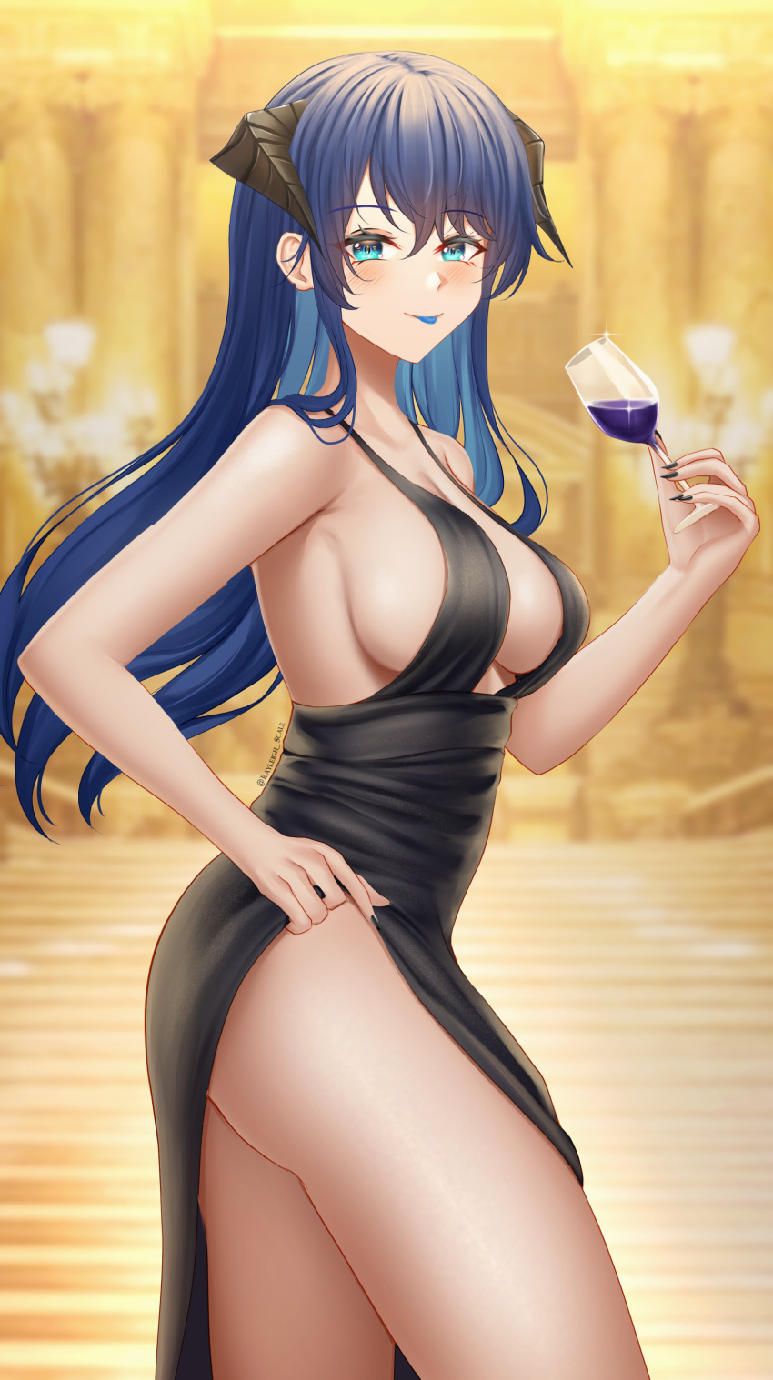 1girl :p absurdres alternate_costume arknights ass black_dress black_nails blue_eyes blue_hair blue_tongue blush breasts clothes_lift collarbone colored_tongue cup dress dress_lift drink drinking_glass evening_gown highres holding holding_cup horns large_breasts lifted_by_self long_hair looking_at_viewer mostima_(arknights) nail pelvic_curtain rayleigh_scale sleeveless sleeveless_dress smile solo thighs tongue tongue_out