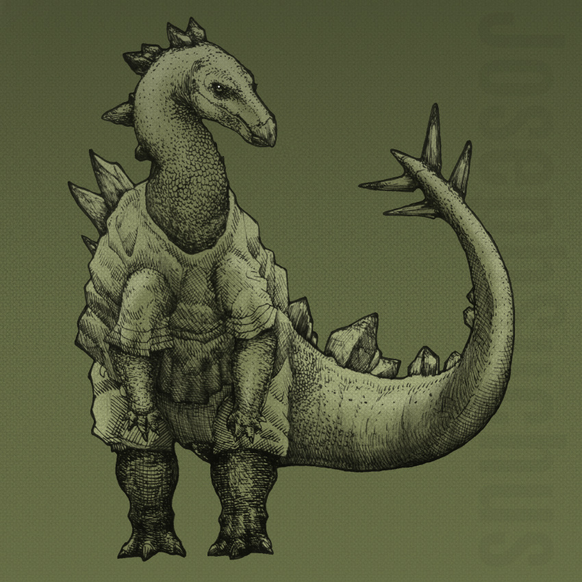 5_fingers chubby_female clothing dinosaur female feral fingers goodbye_volcano_high green_body green_skin hi_res humanoid josephsuchus long_tail not_furry ornithischian plates reptile scales scalie simple_background slightly_chubby solo stegosaurian stegosaurus stella_(gvh) tail thorns thyreophoran