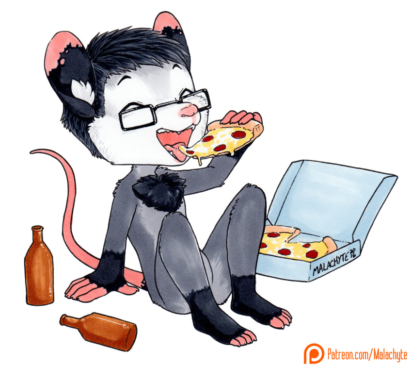 2016 anthro arm_support biped black_hair black_markings bottle chest_tuft chibi claws container countershade_face countershading didelphid eyebrows eyes_closed eyewear eyewear_only fingerless_(marking) food glasses glasses_only gloves_(marking) grey_body hair holding_food holding_object holding_pizza inner_ear_fluff leg_markings malachyte male mammal markings marsupial nude open_mouth pink_markings pink_nose pizza pizza_box plantigrade short_hair simple_background sitting sitting_on_ground socks_(marking) solo teeth tekki_(tekhnikos) text toe_claws toeless_(marking) tongue tuft url white_background