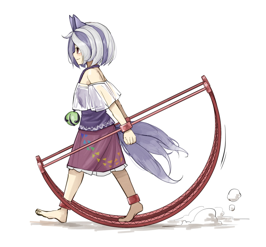 1girl animal_ears barefoot closed_mouth dog_ears dog_tail foothold_trap from_side full_body grey_hair highres mitsugashira_enoko multiple_tails peroponesosu. pink_skirt profile purple_hair purple_shirt red_eyes shirt short_hair simple_background skirt solo tail touhou white_background