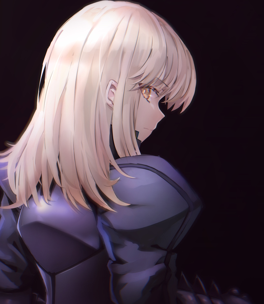 1girl absurdres armor armored_dress artoria_pendragon_(fate) blonde_hair blue_dress dress fate_(series) from_behind hair_down highres juliet_sleeves long_hair long_sleeves looking_at_viewer looking_back medium_hair puffy_sleeves saber_alter solo umeo_(pixiv51103813) upper_body yellow_eyes