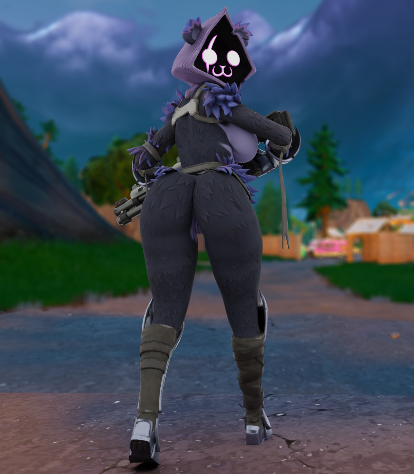 absurd_res anthro bear big_breasts boots breasts butt butt_focus captain_meez clothing epic_games female footwear fortnite fur genitals gun headgear headwear hi_res hood humanoid mammal metal_boots owo plant purple_body purple_fur pussy ranged_weapon raven_team_leader shotgun solo tree walking weapon