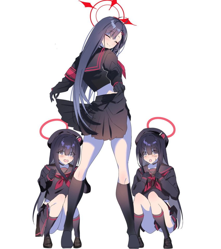 3girls bakemon_(artist) black_gloves black_hair black_serafuku black_skirt blue_archive breasts closed_eyes clothes_lift feathered_wings gloves hair_ornament hairclip halo highres ichika_(blue_archive) justice_task_force_member_(blue_archive) lifted_by_self long_hair looking_at_viewer looking_back low_wings multiple_girls school_uniform serafuku skirt skirt_lift small_breasts smile wings