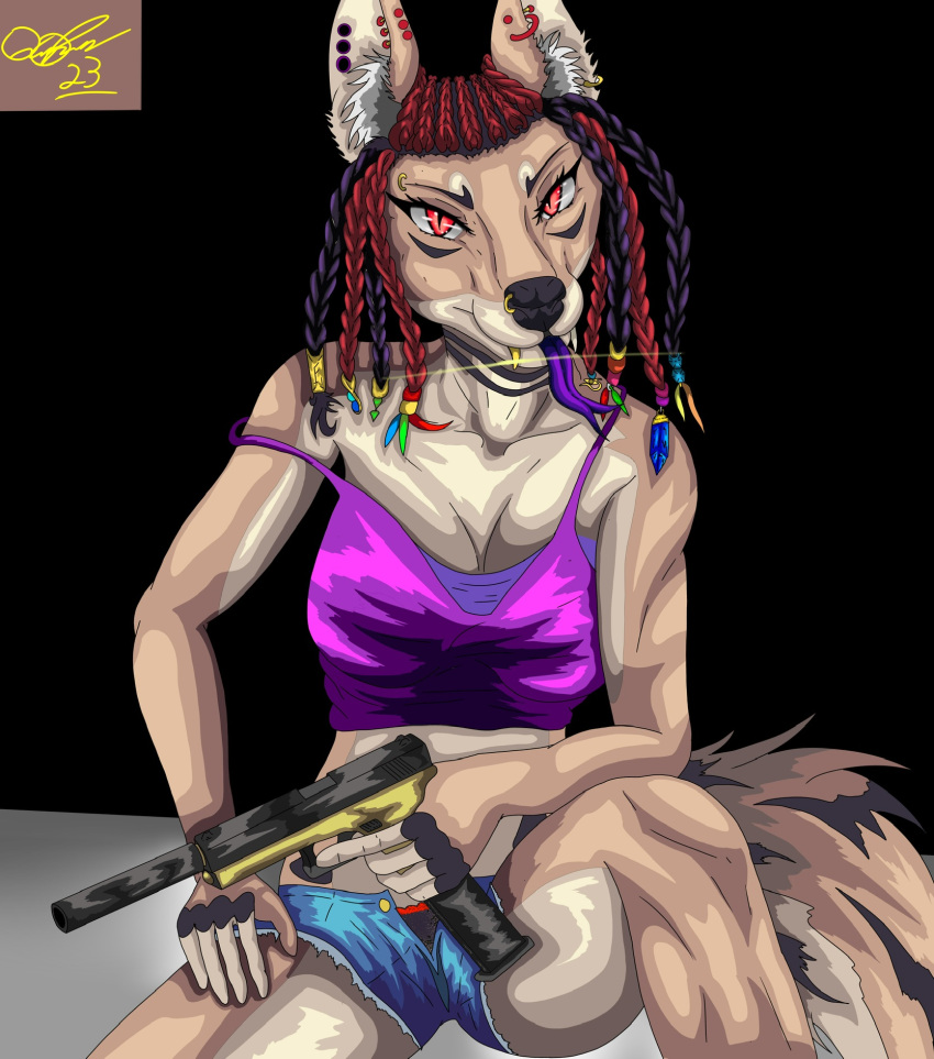 anthro bottomwear braided_hair breasts canid canine canis cleavage clothed clothing digital_media_(artwork) dragon ear_piercing female forked_tongue fur gauged_ear gold_(metal) gold_jewelry gold_tooth gun hair handgun hi_res hotpants hybrid jewelry looking_at_viewer lorelei_(lynxdts) lynxdts mammal piercing ranged_weapon red_eyes red_hair shorts silencer simple_background solo solo_focus solo_in_panel tongue wagon(species) weapon wolf