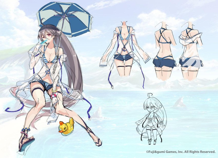 1girl anklet blue_shorts food full_body hand_on_own_thigh highres jacket jewelry laevateinn_(phantom_of_the_kill) official-art one_eye_closed panties phantom_of_the_kill popsicle red_eyes reference_sheet see-through shorts sitting sleeves_past_wrists solo striped striped_panties swimsuit thigh_strap umbrella underwear white_jacket