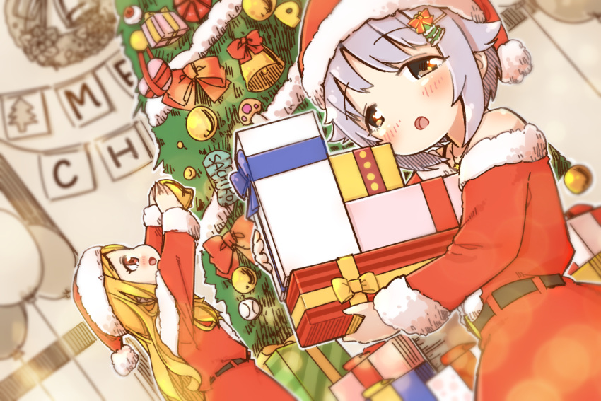 2girls :o arms_up bell blonde_hair blush bow brown_eyes christmas christmas_ornaments christmas_tree commentary_request dress fur-trimmed_dress fur-trimmed_sleeves fur_trim gift grey_hair hair_flaps hair_ornament hairclip hat holding holding_gift idolmaster idolmaster_cinderella_girls indoors koshimizu_sachiko long_hair long_sleeves mochizuki_hijiri multiple_girls off-shoulder_dress off_shoulder open_mouth profile red_bow red_dress red_eyes red_headwear santa_costume santa_hat very_long_hair yukie_(kusaka_shi)