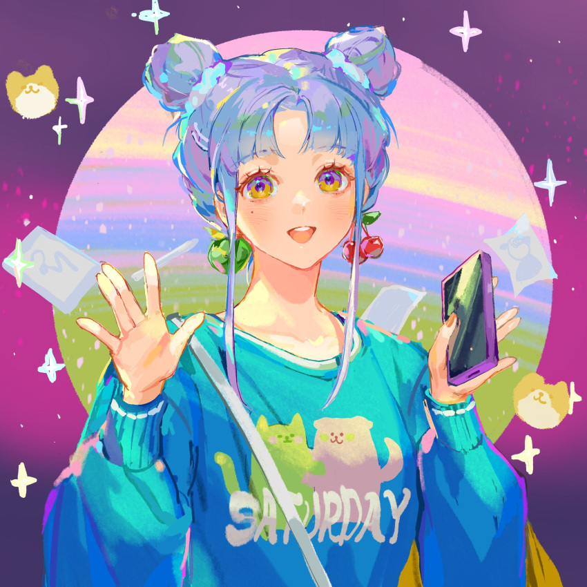 1girl :d \||/ blue_hair blue_sweater breasts cellphone cherry_earrings collarbone double_bun earrings food-themed_earrings hair_bun hands_up highres holding holding_phone jewelry light_blush long_hair long_sleeves looking_at_viewer medium_breasts mole mole_under_eye nail_polish open_mouth orange_eyes orange_nails original parted_bangs phone sidelocks simple_background smartphone smile solo sparkle sweater tarot teeth upper_body upper_teeth_only vaporwave xi_liu