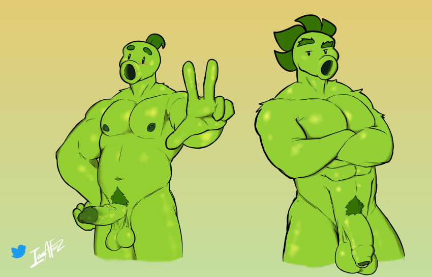 abs absurd_res anthro anthrofied balls barazoku bottomless bottomless_male clothed clothing duo electronic_arts elemental_creature erect_nipples erection flora_fauna furrz genitals green_body hi_res humanoid humanoid_genitalia humanoid_penis male male/male muscular muscular_anthro muscular_male nipples nude nude_male peashooter_(pvz) pecs penis plant plants_vs._zombies poking_out popcap_games vein veiny_penis
