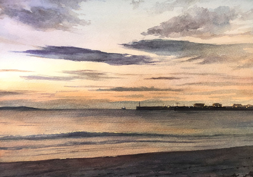 beach building cloud cloudy_sky highres horizon no_humans ocean original painting_(medium) shore sky sunset tlctm7h8wdwnthx town traditional_media water watercolor_(medium) white_sky