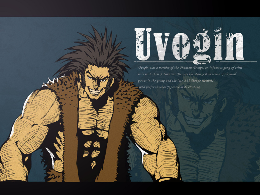 1boy abs anger_vein arm_hair black_eyes black_hair chest_hair commentary english_text evil_grin evil_smile fur-trimmed_vest grin highres hunter_x_hunter letterboxed male_focus muscular muscular_male rui_li smile solo upper_body uvogin vest