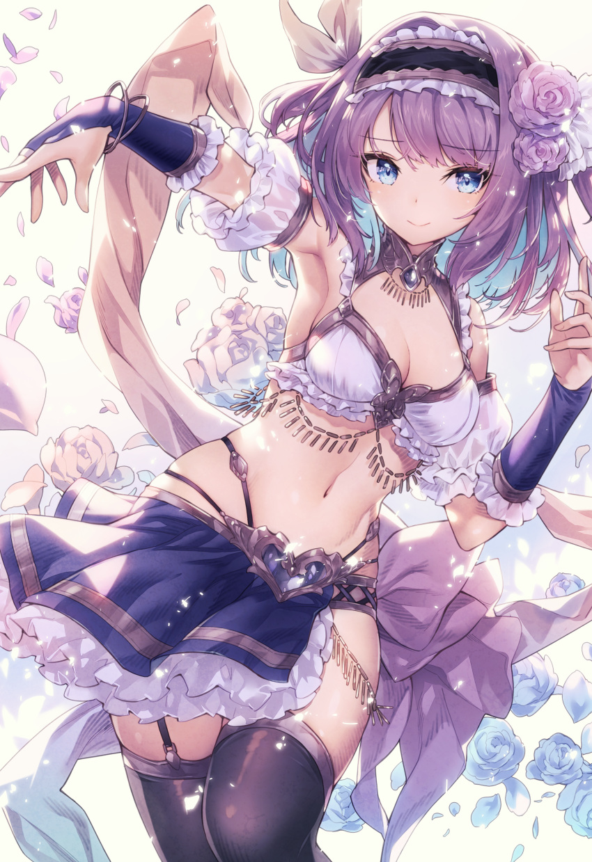 1girl absurdres arabian_clothes armpits belly_dancing blue_eyes blush body_chain breasts cleavage cleavage_cutout clothing_cutout commission dancer fantasy flower gloves hair_ornament hairband harem_outfit harem_pants highres hirano_katsuyuki looking_at_viewer medium_breasts navel original pants partially_fingerless_gloves petals pixiv_commission purple_hair purple_thighhighs revealing_clothes smile solo thighhighs white_background