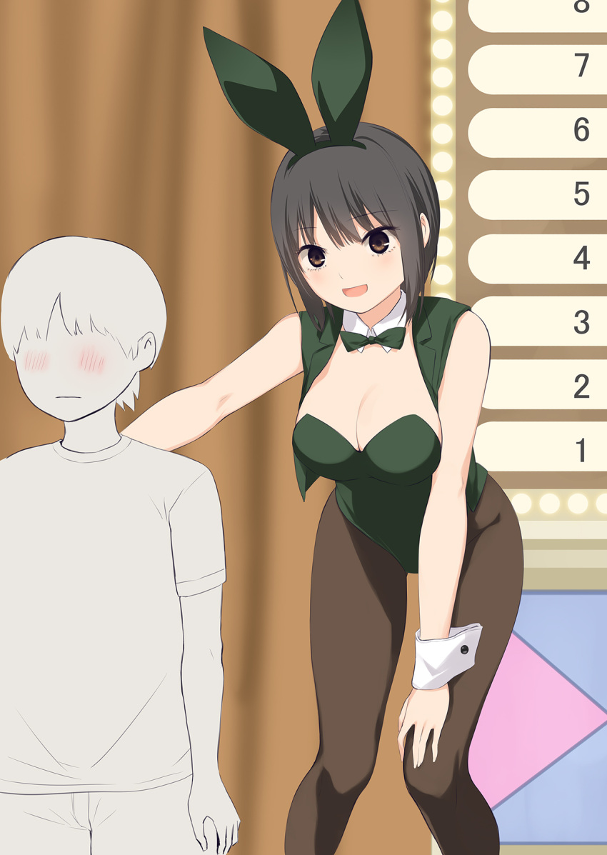 1boy 1girl animal_ears aoyama_sumika black_hair bow bowtie breasts brown_eyes brown_pantyhose cleavage coffee-kizoku commentary_request curtains fake_animal_ears feet_out_of_frame green_bow green_bowtie green_leotard green_vest highres large_breasts leaning_forward leotard original pantyhose short_hair solo strapless strapless_leotard vest